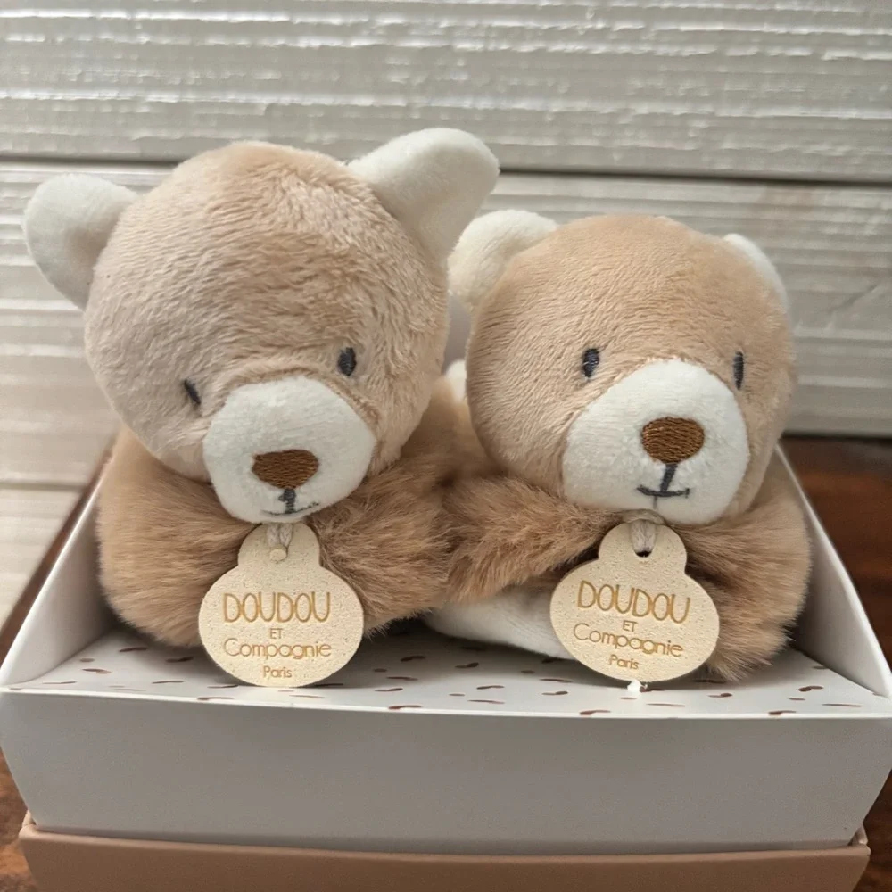 DOUDOU Compagnie Paris Baby Brown Bear Booties Plush Rattle Slippers Shoes 0-6M